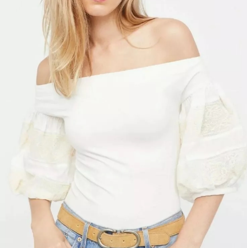 Free People, Rock With It, Embroidered Balloon Puff Sleeve Off The Shoulder Top